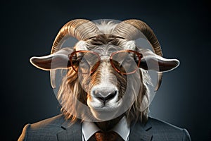 Mouflon with sunglasses wearing suit and tie on solid background. Generative AI