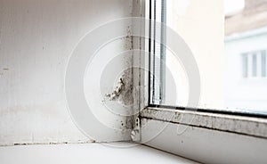 Mould and rot on a window frame and wall. Moisture indoors and the appearance of mold