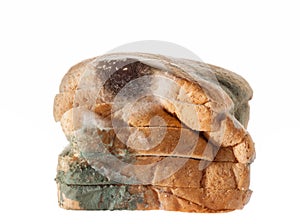 Mouldy bread isolated on white background.