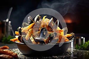 Moules Frites food photography - made with Generative AI tools