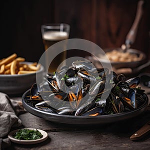 Moules Frites Mussels And Fries On Stone In Rustic Pub. Generative AI