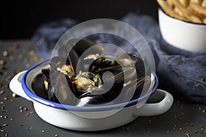 Moules-frites, typical Belgian mussels and fries