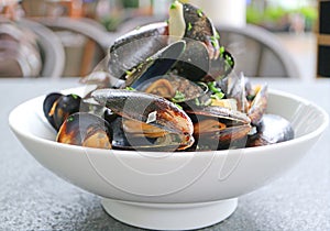 Moules Mariniere or Belgian Steamed Mussels in White Wine and Garlic