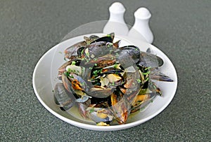 Moules Mariniere or Belgian Steamed Mussels in White Wine and Garlic