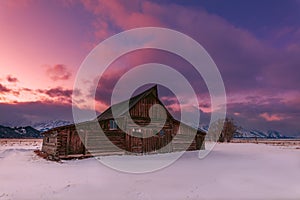 Moulton Barn at sunset on Mormon Row in Grand Teton National Park, Wyoming