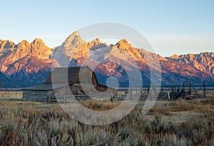 Moulton Barn and Teton Mountains during the sunrise