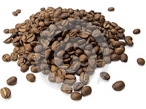 Mound of coffee beans on white