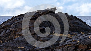 Mound of hardened lava along shoreline of the ocean in Hawaii Volcanoes National Park.