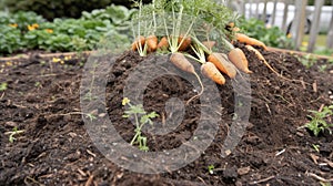 A mound of rich brown soil is dotted with small vibrant orange carrots freshly unearthed from the garden bed photo
