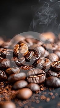 A mound of singleorigin coffee beans emitting smoke on a wooden table