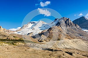 Mount Andromeda, Mount Athabasca and on the right the Athabasca Glacier in the Columbia Icefields in Jasper national Park, Alberta