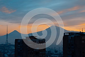 Mount Ararat overlooking Yerevan, the capital of Armenia.  Selectiv Focus