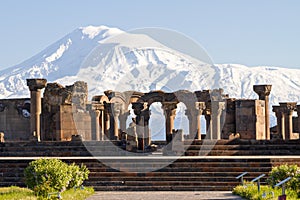 Mount Ararat and the ruins of the Zvartnots Cathedral in Yerevan, Armenia.