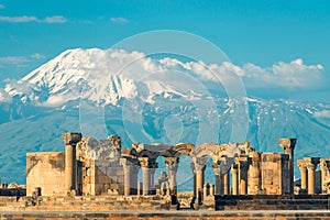 Mount Ararat and view of the ruins of Zvartnots temple