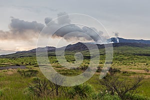 Mount Aso volcano at sunset in Kumamoto, Kyushu, Japan