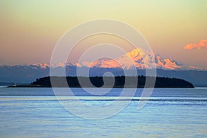 Mount Baker and Patos Island in Evening Light, Washington State, USA, from East Point on Saturna Island, British Columbia, Canada photo