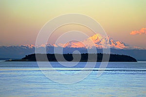 Mount Baker and Patos Island in Evening Light, Washington State, USA, from East Point on Saturna Island, British Columbia, Canada