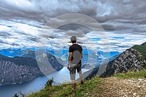 Mount Baldo, Italy - July 18, 2021: Panoramic view of Lake Garda seen from Mount Baldo, Italy