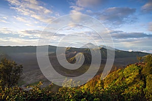 Mount Bromo volcano Gunung Bromo during sunrise from viewpoint on Mount Penanjakan, in East Java, Indonesia.
