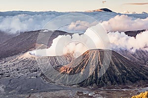 Mount Bromo detail landscape view with clouds background in high resolution image