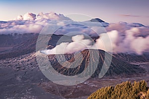 Mount Bromo landscape high resolution images with clouds and fog misty morning