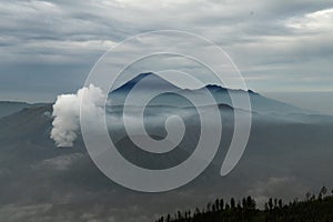 Mount Bromo volcano Gunung Bromo, semeru and Batok during sunrise from viewpoint on Mount Penanjakan, in East Java