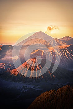 Mount Bromo volcano Gunung Bromo at sunrise with colorful sky