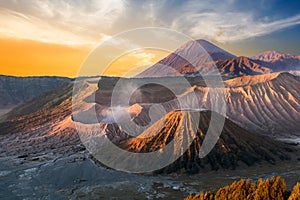 Mount Bromo volcano & x28;Gunung Bromo& x29; during sunrise from viewpoint on Mount Penanjakan, in East Java, Indonesia..