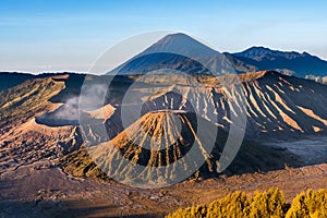 Mount Bromo volcano & x28;Gunung Bromo& x29; during sunrise from viewpoint on Mount Penanjakan, in East Java, Indonesia..