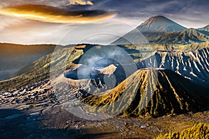 Mount Bromo volcano & x28;Gunung Bromo& x29; during sunrise from viewpoint on Mount Penanjakan, in East Java, Indonesia