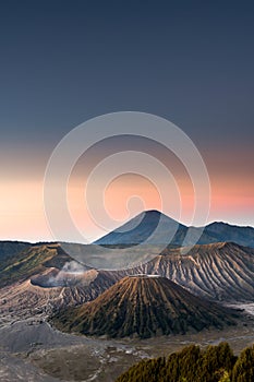 Mount Bromo volcano & x28;Gunung Bromo& x29; during sunrise from viewpoint on Mount Penanjakan, in East Java, Indonesia