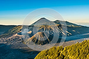 Mount Bromo volcano & x28;Gunung Bromo& x29; during sunrise from viewpoint on Mount Penanjakan, in East Java, Indonesia