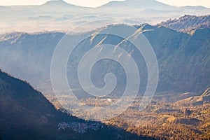 Mount Bromo volcano (Gunung Bromo) during sunrise from viewpoint on Mount Penanjakan, in East Java, Indonesia