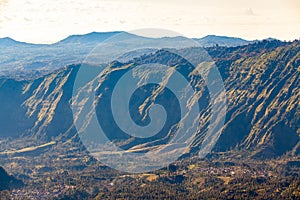 Mount Bromo volcano (Gunung Bromo) during sunrise from viewpoint on Mount Penanjakan, in East Java, Indonesia