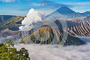 Mount Bromo volcano during sunrise photo