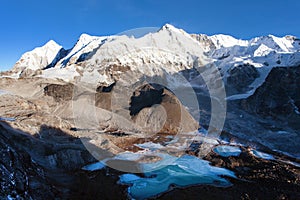 Mount Cho Oyu and Cho Oyu base camp area, morning view