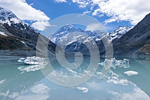 Mount Cook above glacial lake Hooker, Southern Alps,  New Zealand