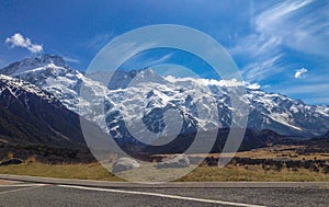 Mount Cook covered in snow on a sunny day, South Island, New Zealand