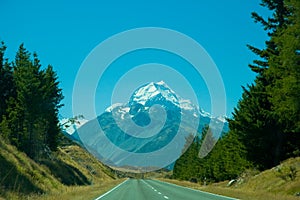 Mount Cook and Empty Road on a Sunny Day