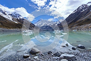 Mount Cook reflection in turquoise glacial lake Hooker, New Zealand