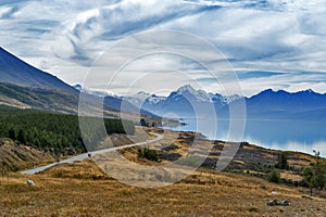 Mount Cook Road situated beside scenic Lake Pukaki leading to New Zealand's highest mountain Aoraki / Mount Cook