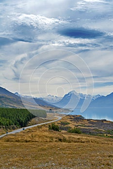 Mount Cook Road situated beside scenic Lake Pukaki leading to New Zealand's highest mountain Aoraki / Mount Cook