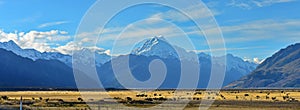 Mount Cook and snow mountain ranges in Canterbury