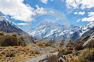 Mount Cook snow peak in Hooker Valley, New Zealand