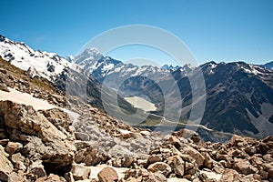 Mount Cook on a sunny summer day from Mueller Hut Route, Mount Cook National Park in New Zealand