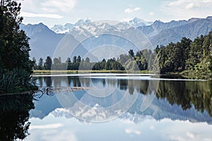 Mount Cook and Tasman at Lake Matheson, West coast, New Zealand