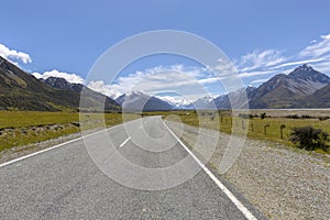 Mount cook viewpoint and the road leading to Mount Cook Village, NZ