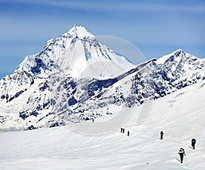 Mount Dhaulagiri, hikers on glacier, Himalayas mountains photo