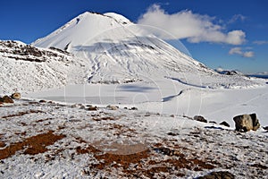 Mount Doom in the snow, winter landscape in Tongariro national park