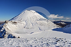 Mount Doom in the snow, winter landscape in Tongariro national park